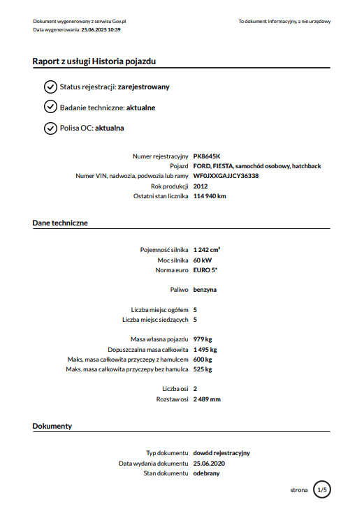 raport na podstawie vehicle identification number (VIN)